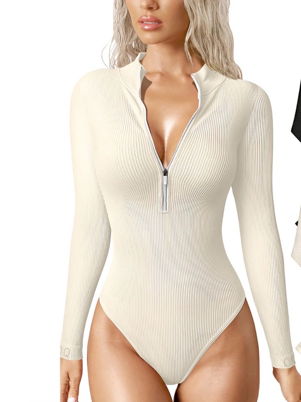 Ribbed Zip-Front Long Sleeve Bodysuit in Cream